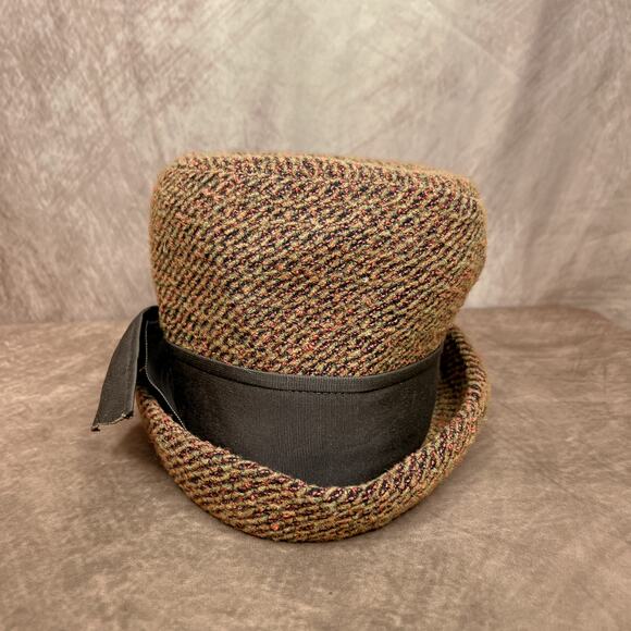 Vintage 60s Cedarbrook Orange Tapestry Derby Bucket Hat Cloche Bow Retro - Picture 5 of 9